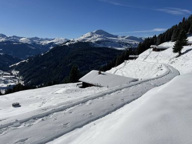 İsviçre Alpleri 'nin taze dağlık kar örtüsünde ve St. Antonien (St. Antoenien) Kanton of Grisons, İsviçre (Kanton Graubuenden, Schweiz)