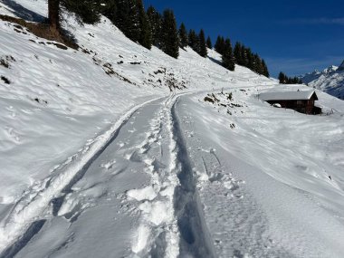 İsviçre Alpleri 'nin taze dağlık kar örtüsünde ve St. Antonien (St. Antoenien) Kanton of Grisons, İsviçre (Kanton Graubuenden, Schweiz)