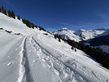 İsviçre Alpleri 'nin taze dağlık kar örtüsünde ve St. Antonien (St. Antoenien) Kanton of Grisons, İsviçre (Kanton Graubuenden, Schweiz)