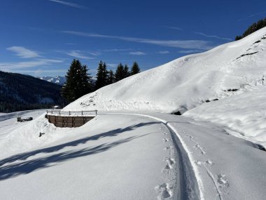 İsviçre Alpleri 'nin taze dağlık kar örtüsünde ve St. Antonien (St. Antoenien) Kanton of Grisons, İsviçre (Kanton Graubuenden, Schweiz)