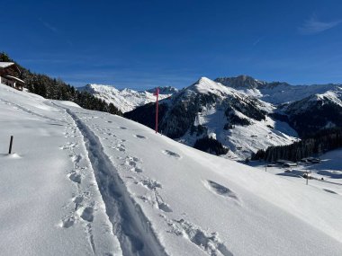 İsviçre Alpleri 'nin taze dağlık kar örtüsünde ve St. Antonien (St. Antoenien) Kanton of Grisons, İsviçre (Kanton Graubuenden, Schweiz)