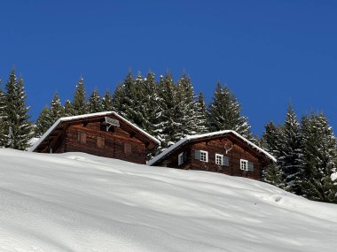 İsviçre 'nin St. Antonien (St. Antoenien) Alp köyündeki eski geleneksel kırsal mimari ve alp çiftlik hayvanları çiftlikleri - İsviçre' nin Grisons Kantonu (Kanton Graubuenden, Schweiz)