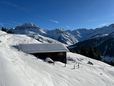 İsviçre 'nin St. Antonien (St. Antoenien) Alp köyündeki eski geleneksel kırsal mimari ve alp çiftlik hayvanları çiftlikleri - İsviçre' nin Grisons Kantonu (Kanton Graubuenden, Schweiz)