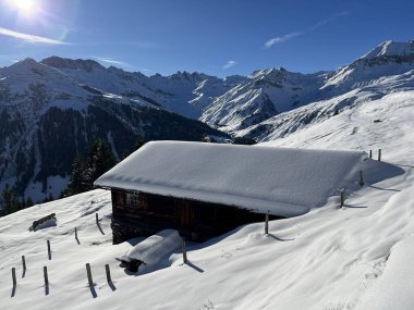 İsviçre 'nin St. Antonien (St. Antoenien) Alp köyündeki eski geleneksel kırsal mimari ve alp çiftlik hayvanları çiftlikleri - İsviçre' nin Grisons Kantonu (Kanton Graubuenden, Schweiz)