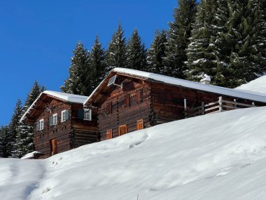 İsviçre 'nin St. Antonien (St. Antoenien) Alp köyündeki eski geleneksel kırsal mimari ve alp çiftlik hayvanları çiftlikleri - İsviçre' nin Grisons Kantonu (Kanton Graubuenden, Schweiz)
