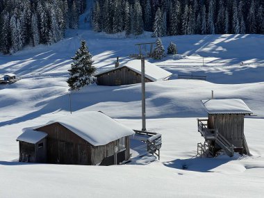 İsviçre 'nin St. Antonien (St. Antoenien) Alp köyündeki eski geleneksel kırsal mimari ve alp çiftlik hayvanları çiftlikleri - İsviçre' nin Grisons Kantonu (Kanton Graubuenden, Schweiz)