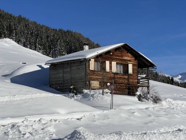 İsviçre 'nin St. Antonien (St. Antoenien) Alp köyündeki eski geleneksel kırsal mimari ve alp çiftlik hayvanları çiftlikleri - İsviçre' nin Grisons Kantonu (Kanton Graubuenden, Schweiz)