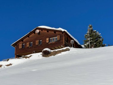 İsviçre 'nin St. Antonien (St. Antoenien) Alp köyündeki eski geleneksel kırsal mimari ve alp çiftlik hayvanları çiftlikleri - İsviçre' nin Grisons Kantonu (Kanton Graubuenden, Schweiz)