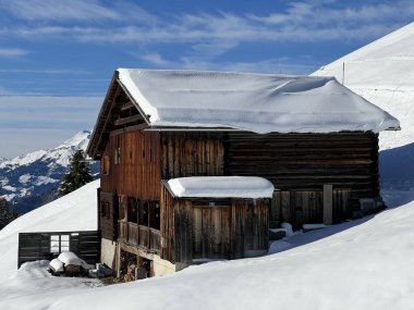 İsviçre 'nin St. Antonien (St. Antoenien) Alp köyündeki eski geleneksel kırsal mimari ve alp çiftlik hayvanları çiftlikleri - İsviçre' nin Grisons Kantonu (Kanton Graubuenden, Schweiz)