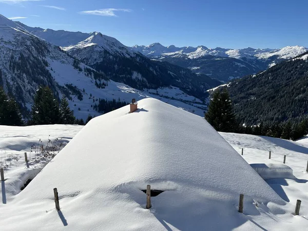 İsviçre 'nin St. Antonien (St. Antoenien) Alp köyündeki eski geleneksel kırsal mimari ve alp çiftlik hayvanları çiftlikleri - İsviçre' nin Grisons Kantonu (Kanton Graubuenden, Schweiz)