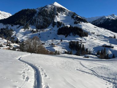 İsviçre Alpleri 'nin taze dağlık kar örtüsünde ve St. Antonien (St. Antoenien) Kanton of Grisons, İsviçre (Kanton Graubunden, Schweiz)