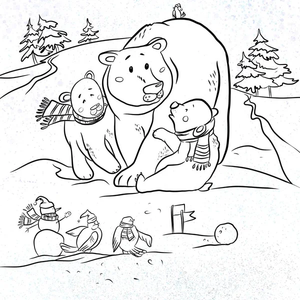 赤ちゃんのいるホッキョクグマ 暖かいスカーフの赤ちゃん 帽子の鳥 漫画のキャラクター 子供のためのぬり絵 新年とクリスマスのためのデザイン — ストック写真