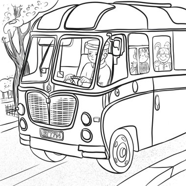 A school bus, the bus is driving down the street, there are trees on the street, a driver wearing a cap is driving, children are looking out the windows, they are smiling. Coloring book for children