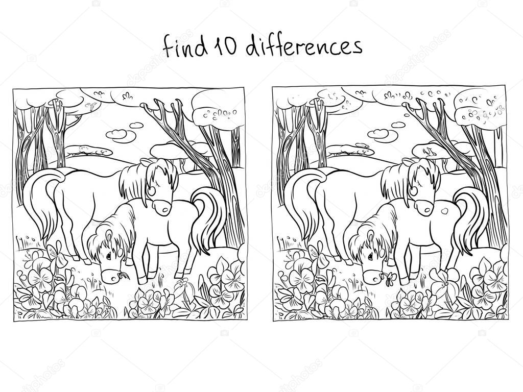 Meeting of two little pony horsesin the forest, in a meadow with flowers, cartoon characters, puzzle, find the ten differences, coloring book for children