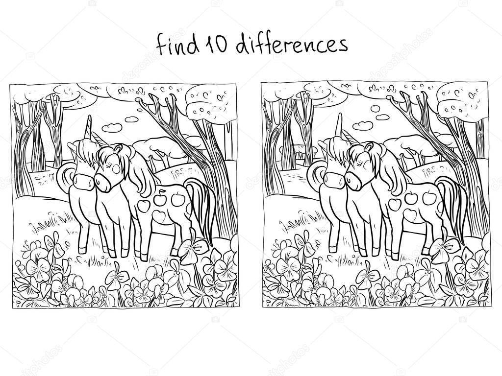 Meeting of two unicorns in the forest, in a meadow with flowers, cartoon characters, puzzle, find the ten differences, coloring book for children