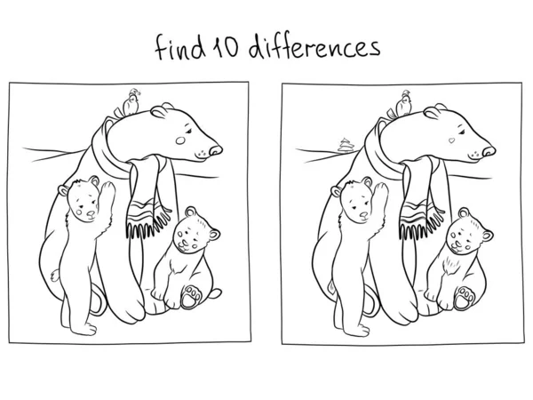 Family of polar bears, mom and cute cubs and bird, mom in a scarf, puzzle for children find the ten differences, illustration for coloring