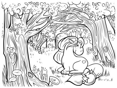 Peri ormanındaki güzel midilli, renkler için çizim.