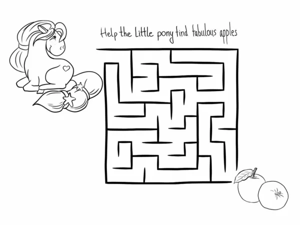 Help the little pony find the applessolution for children, maze, line drawing, black and white illustration for child development