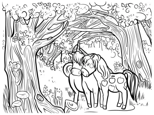 一对神奇的独角兽在草地上茂密的森林里吃草 给孩子们画图 涂上抗压的颜色 — 图库照片#