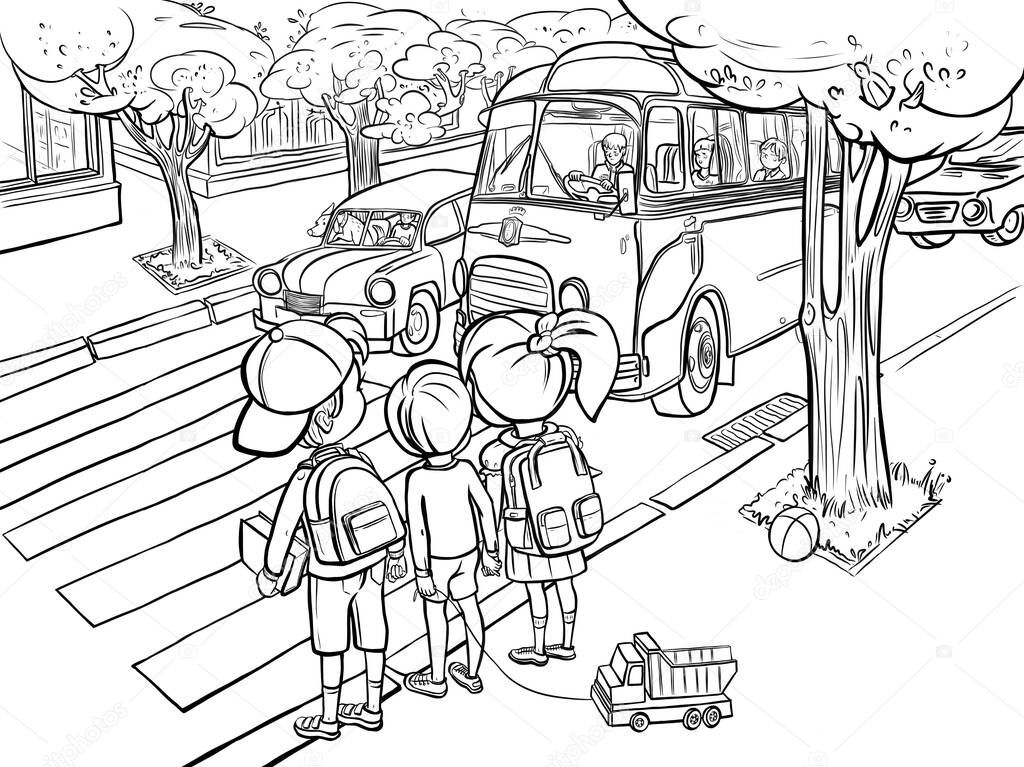 City roadway with car and bus standing at traffic lights, children with school backpacks crossing the street, illustration for coloring