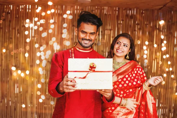 Handsome Indian Man Traditional Ethnic Clothes Opening Gift Given His — Stock Photo, Image