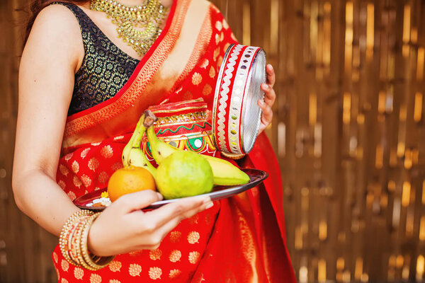 Closeup Hands Indian Woman Saree Holding Plate Fruits Her Karva Stock Image