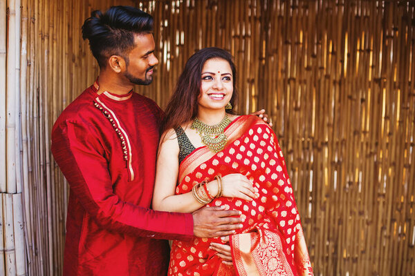 Beautiful Indian Young Couple Husband Touching Tummy His Pregnant Wife Stock Photo