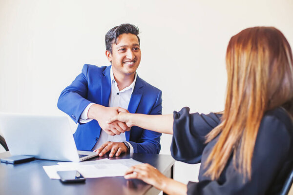 Welcome Onboard Concept Indian Man Woman Shake Hands Office Stock Picture