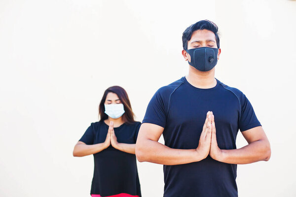 Handsome Indian Man Doing Yoga Exercises Meditation Face Mask Stock Picture