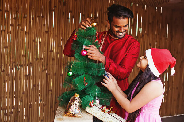 Indian Father Daughter Decoration Christmas Tree Home Royalty Free Stock Images