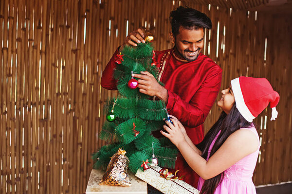 Indian Father Daughter Decoration Christmas Tree Home Stock Image