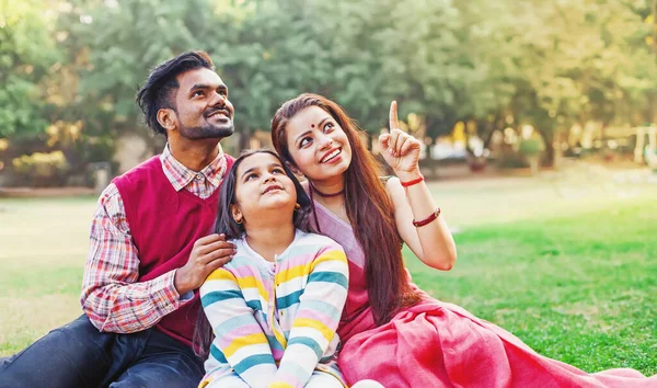 美丽的印度家庭坐在公园的草地上 指着什么 抬头看 免版税图库照片