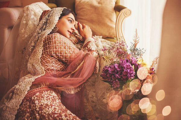 Gorgeous Vintage Style Indian Bride Sitting Luxury Hotel Room Wearing Stock Picture