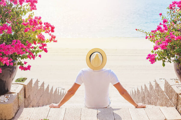 Faceless Portrait Back Man Hat Sitting Beach Dubai Royalty Free Stock Images