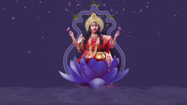 Indian God Worshipped Diwali Celebration Goddess Lakshmi Sitting Lotus Flower — Stock Video