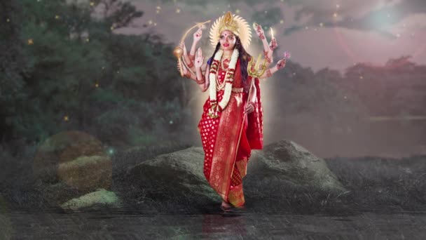 Deusa Indiana Durga Com Oito Mãos Perto Lago Saree Vermelho — Vídeo de Stock