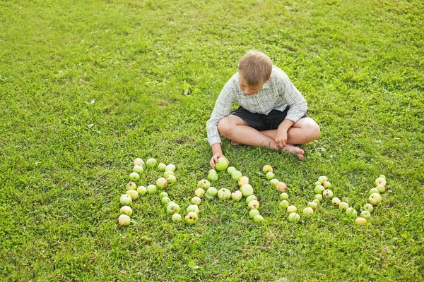 Gezonde jongen met appels — Stockfoto