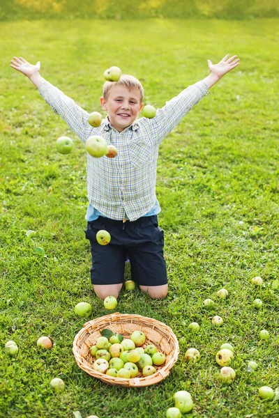 Malý chlapec s jablky — Stock fotografie