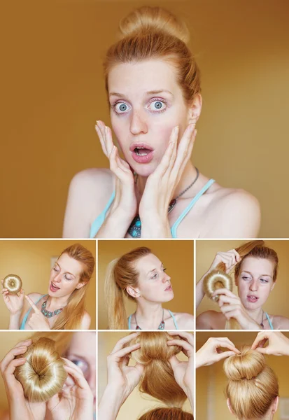 Easy neat hair bun tutorial — Stock Photo, Image