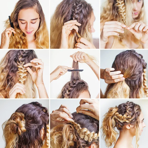 Braided updo tutorial for a curly hair — Stock Photo, Image