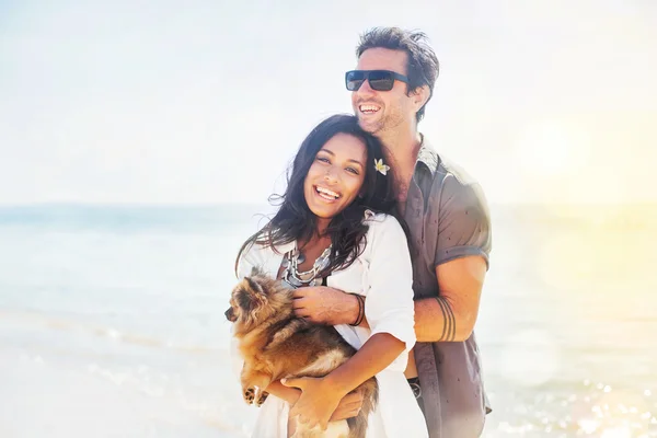 Couple holding a puppy on a beach — Stock Photo, Image