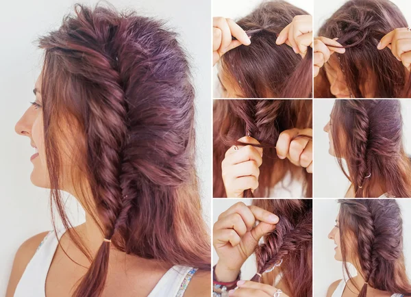 One side fishtail braid tutorial — Stock Photo, Image