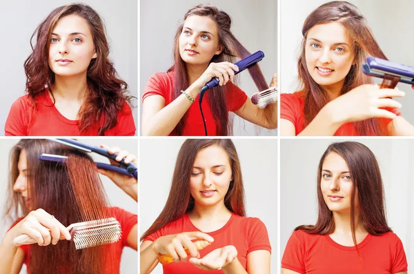 Mulher endireitando o cabelo — Fotografia de Stock