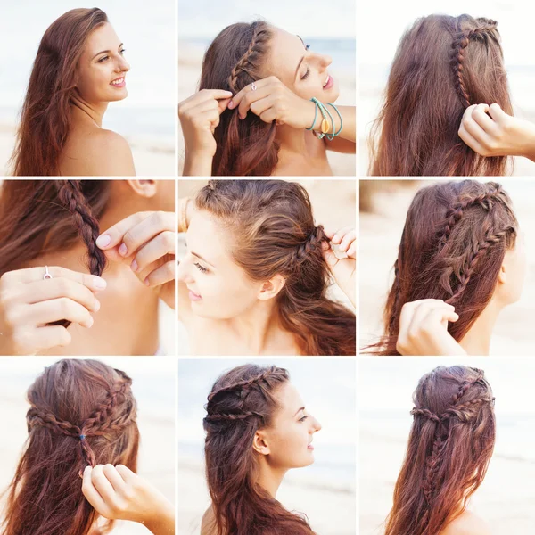 Greek style beach hairdo  tutorial — Stock Photo, Image