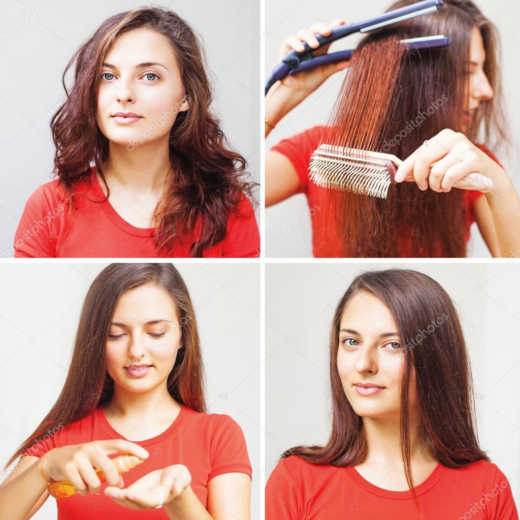Woman straightening her hair