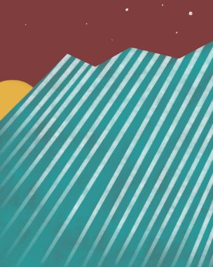 Gün batımında dağlar, yıldızlı gece sıradağları çizimleri.