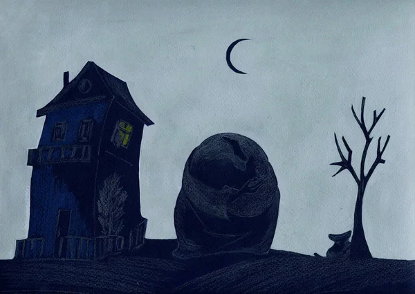 在月牙下的夜晚 怪物坐在房子旁边 — 图库照片