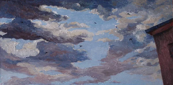 Cloudy Sky Oil Painting Swallows Swifts Sky — Stock Photo, Image