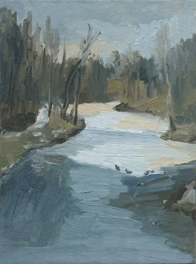 Bir nehir ve orman ile yağlı boya kış manzarası