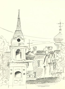 Kilise, siyah kalem çizimi, çapraz dini mimarili kubbe.